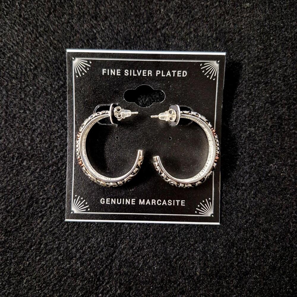 Fine Silver Plated Marcasite Hoop Earrings